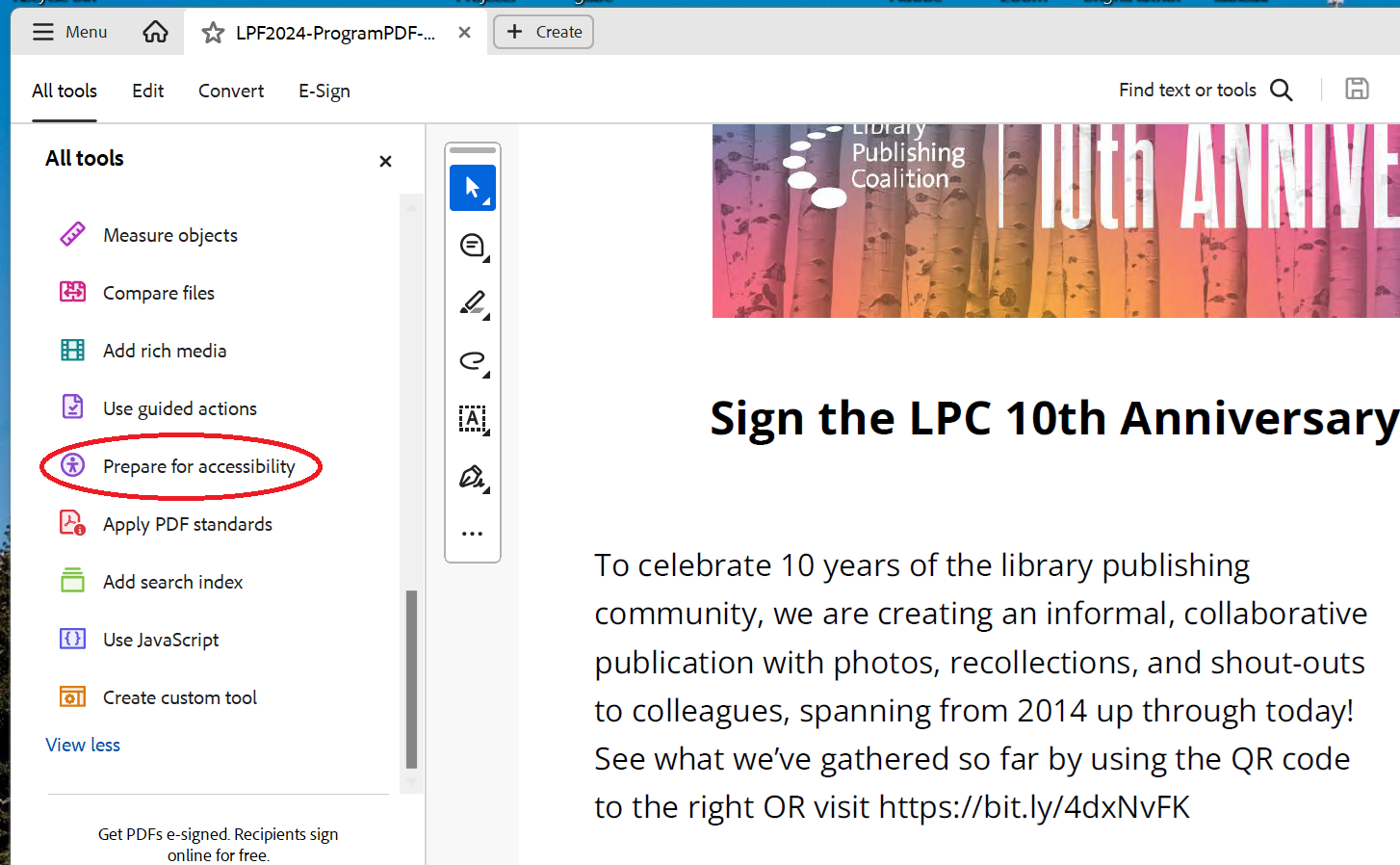 A screengrab of a PDF with the tools menu open and a red circle highlighting the tool words "Prepare for Accessibility"